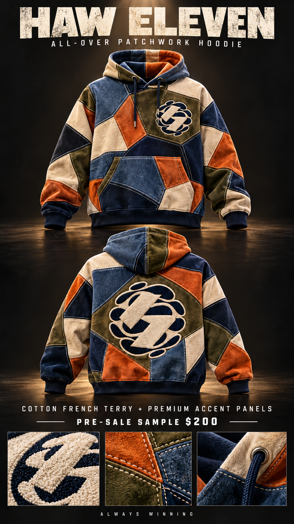 Haw Eleven all-over patchwork hoodie detailed campaign image