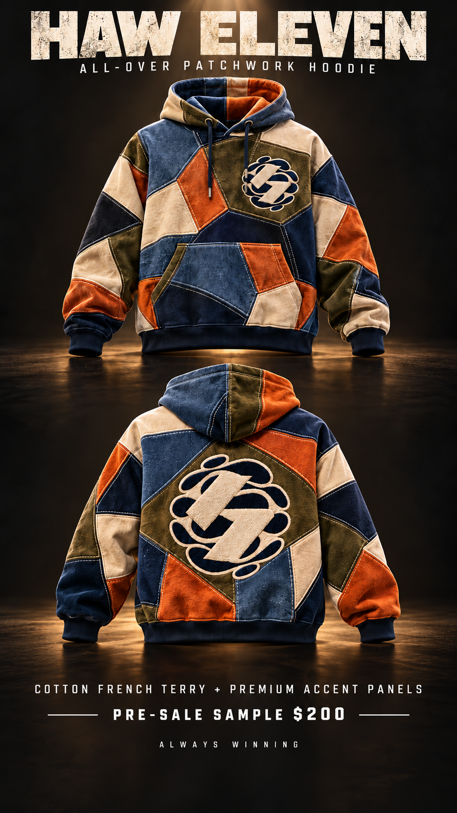 Haw Eleven all-over patchwork hoodie — solo front and back