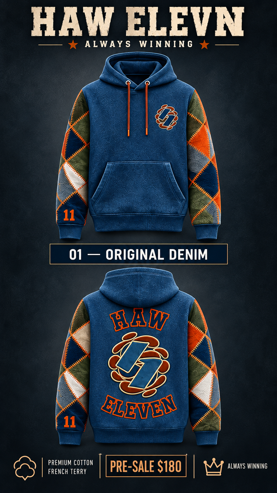 Haw Eleven original denim arm patchwork hoodie — front and back
