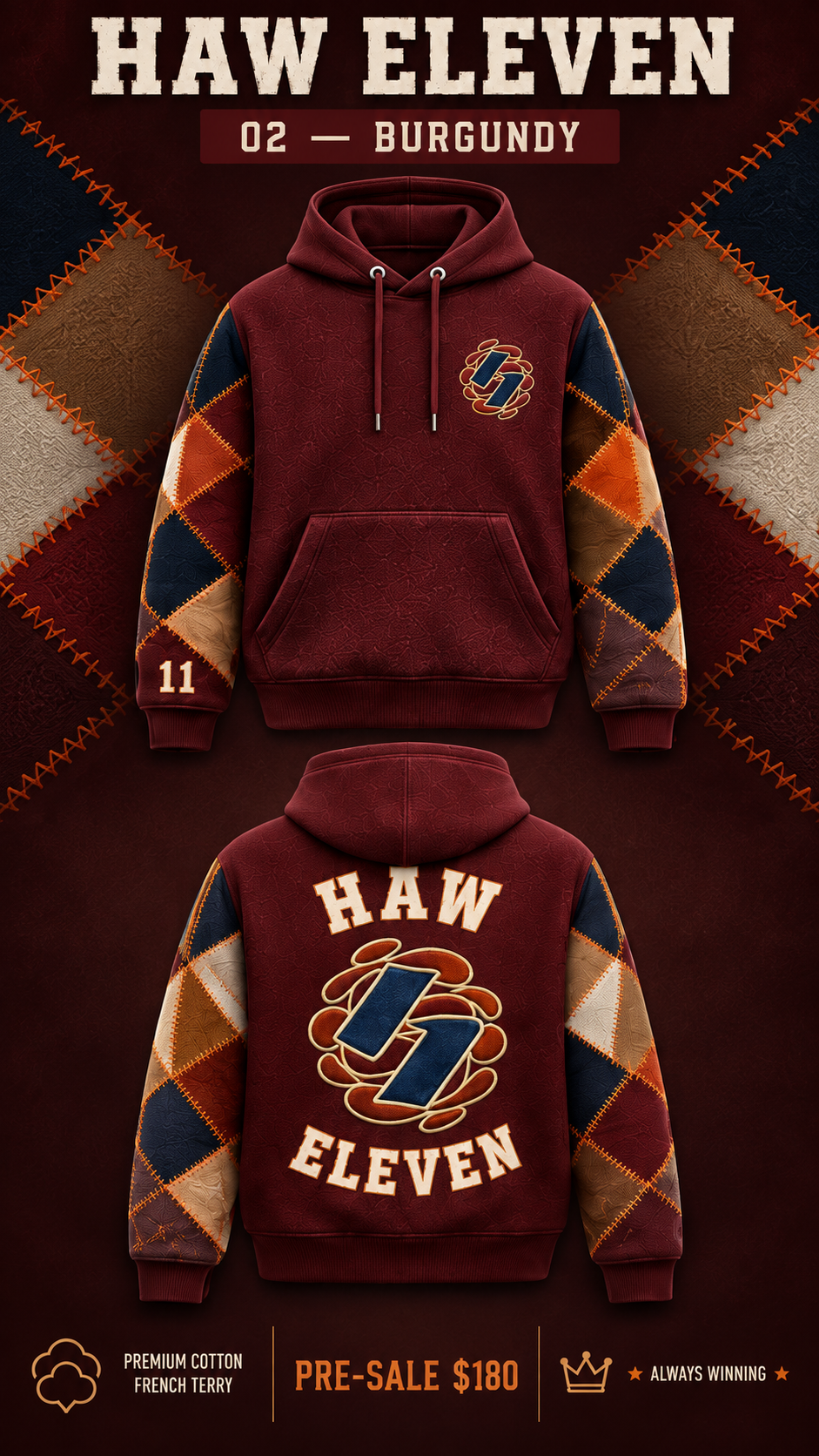 Haw Eleven burgundy arm patchwork hoodie — front and back