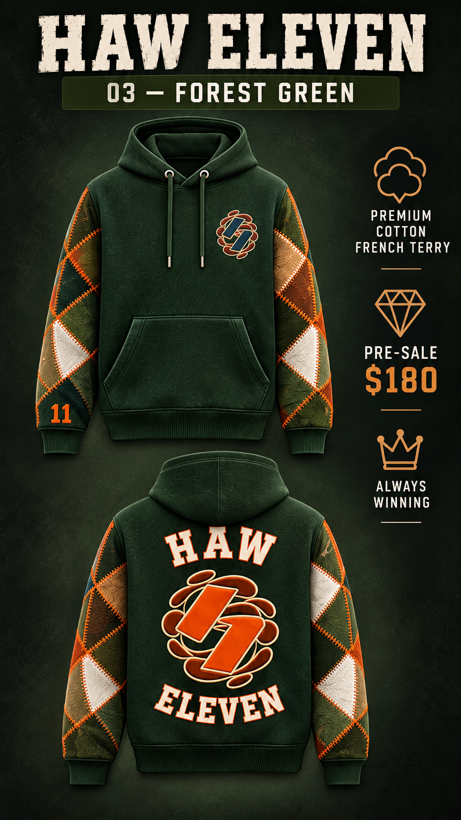 Haw Eleven forest green arm patchwork hoodie — front and back