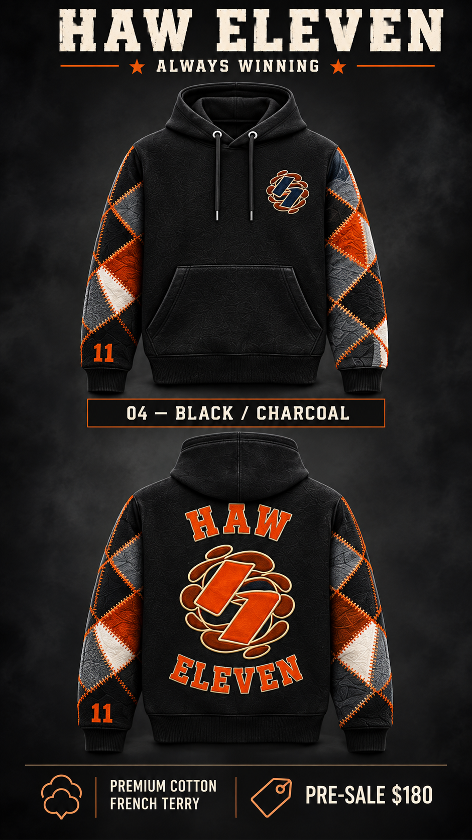 Haw Eleven black and charcoal arm patchwork hoodie — front and back