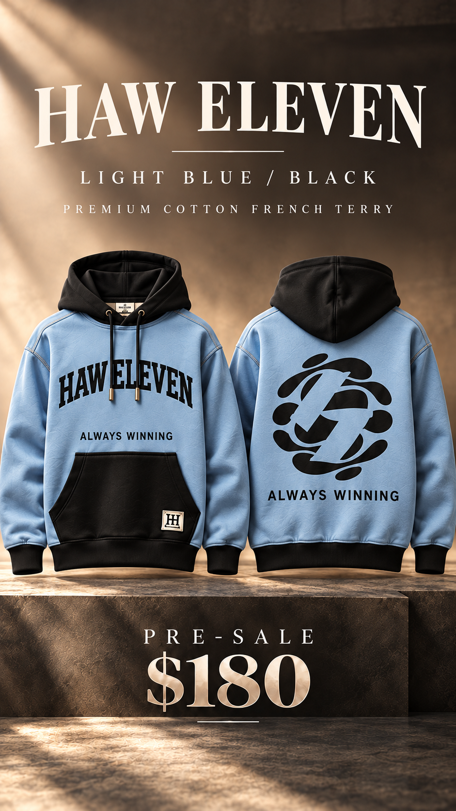 Haw Eleven light blue and black hoodie — front and back