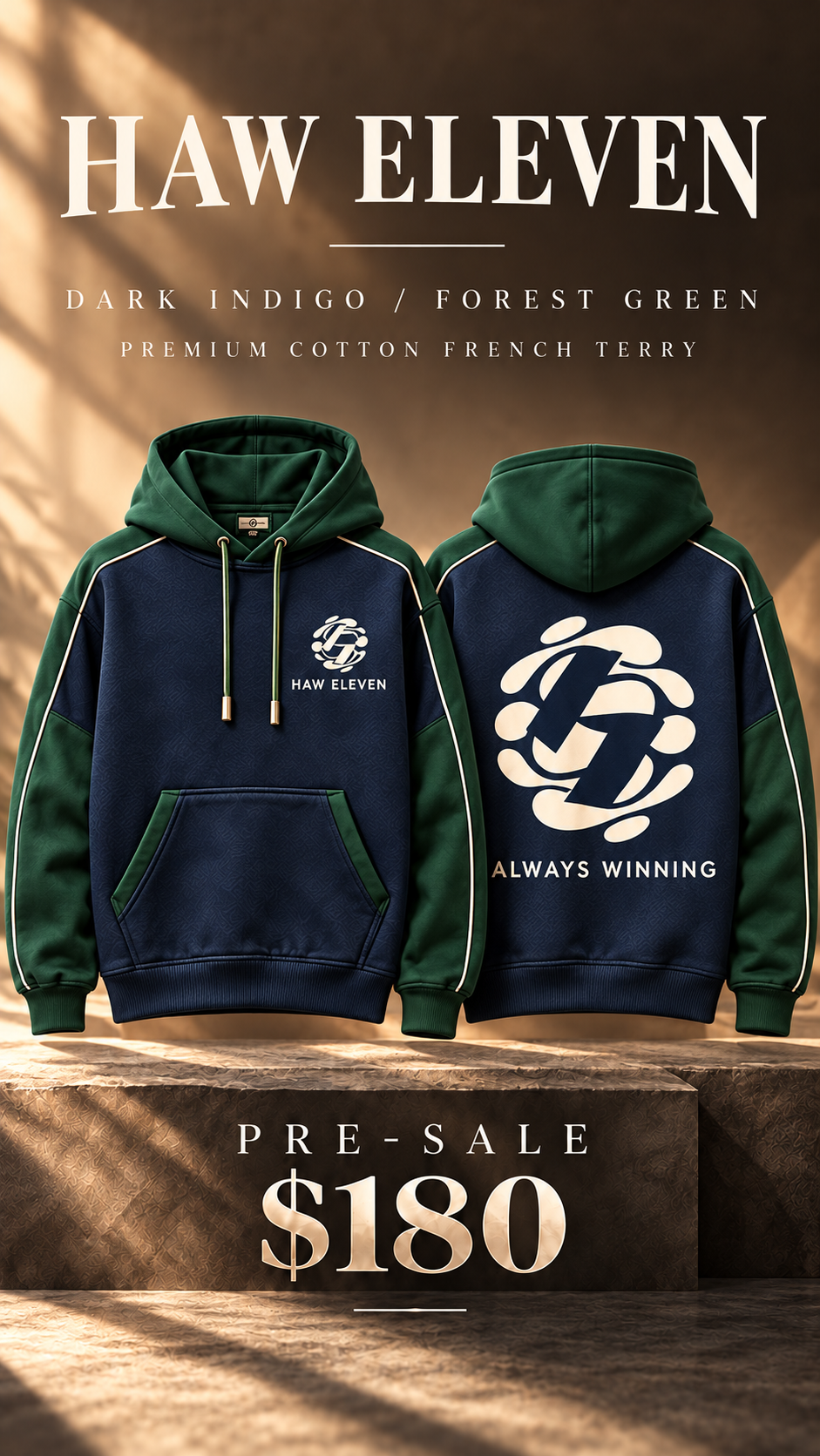 Haw Eleven dark indigo and forest green hoodie — front and back