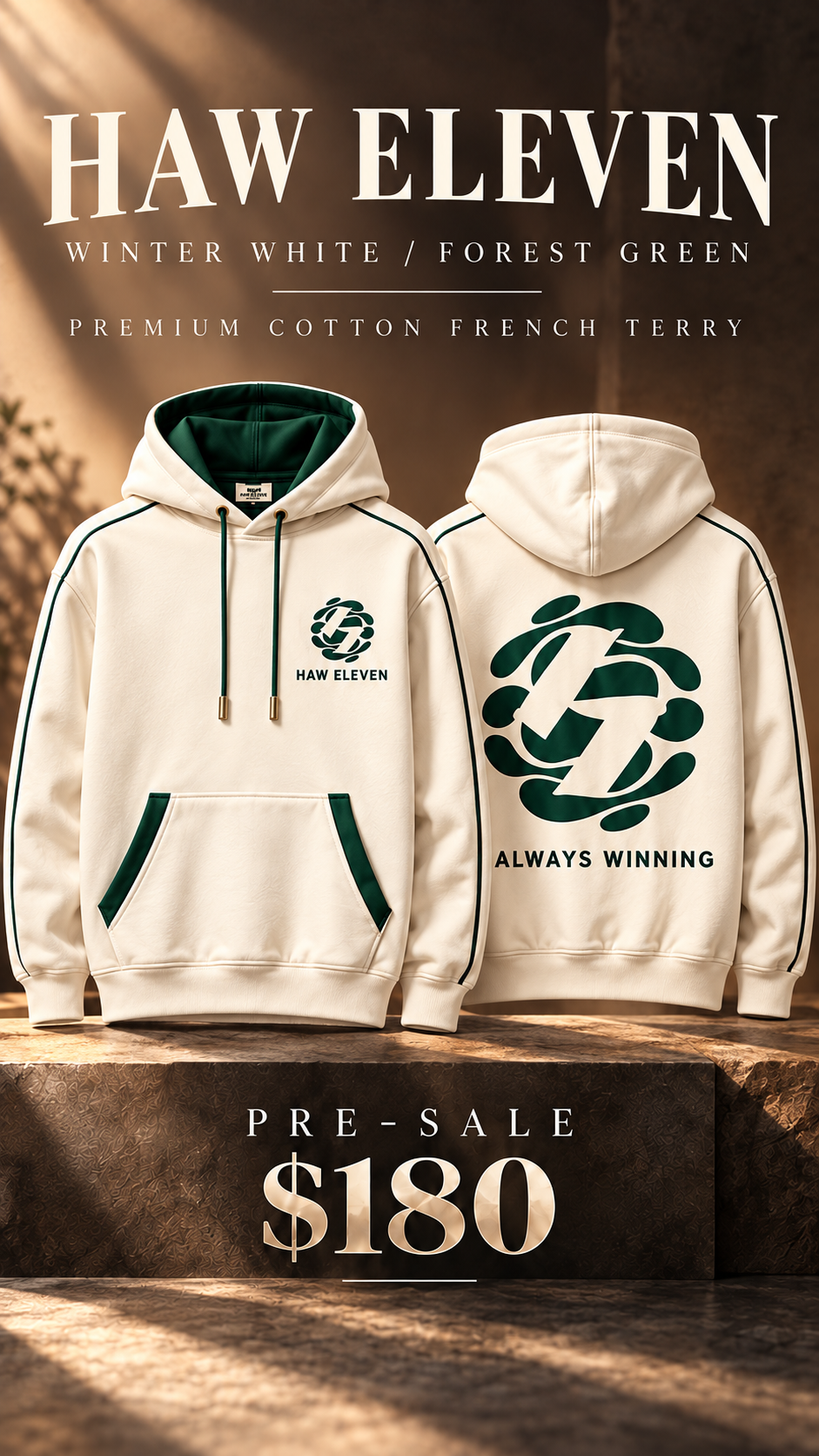 Haw Eleven winter white and forest green hoodie — front and back