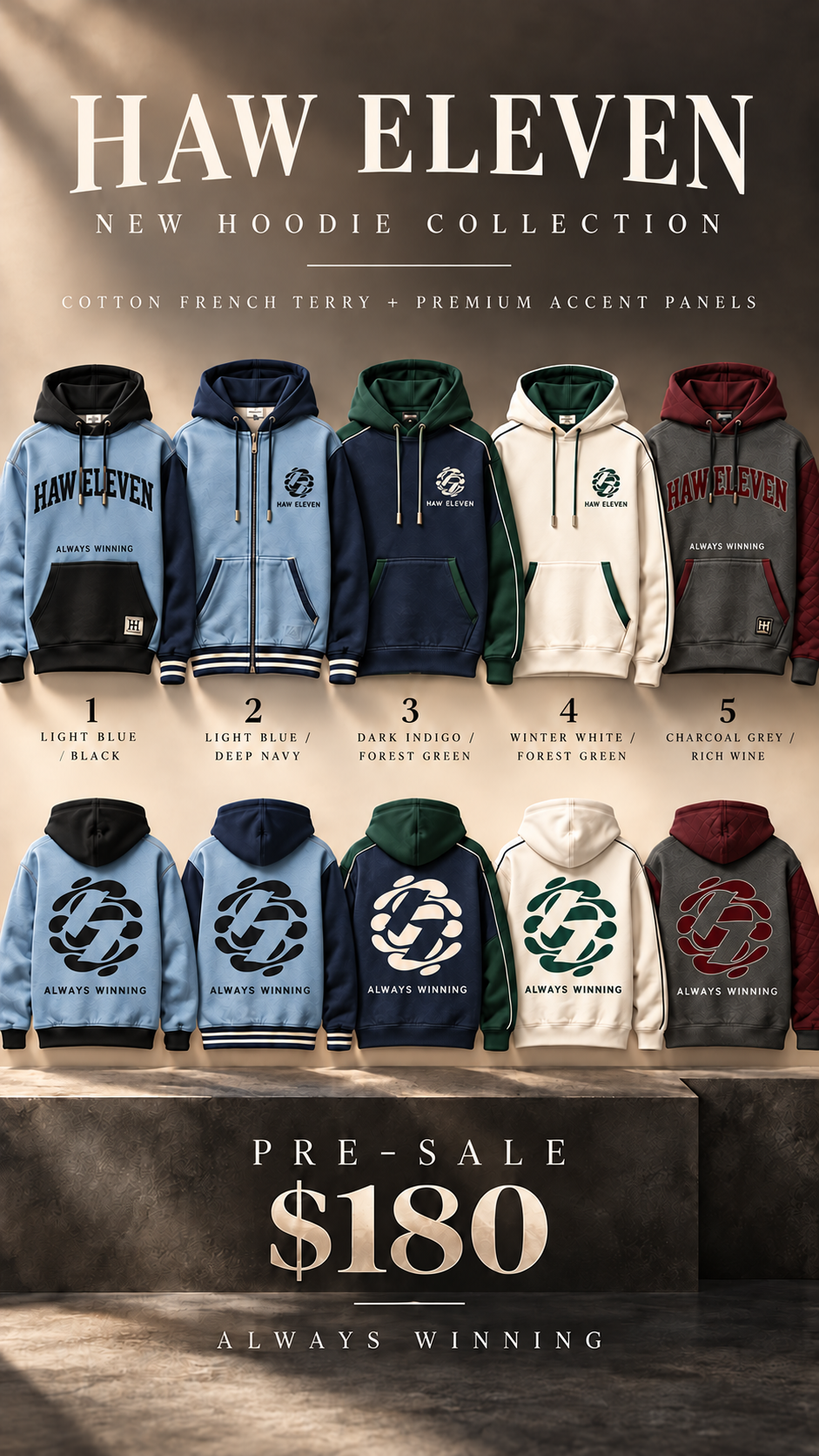 Haw Eleven new hoodie collection — five colorways, front and back