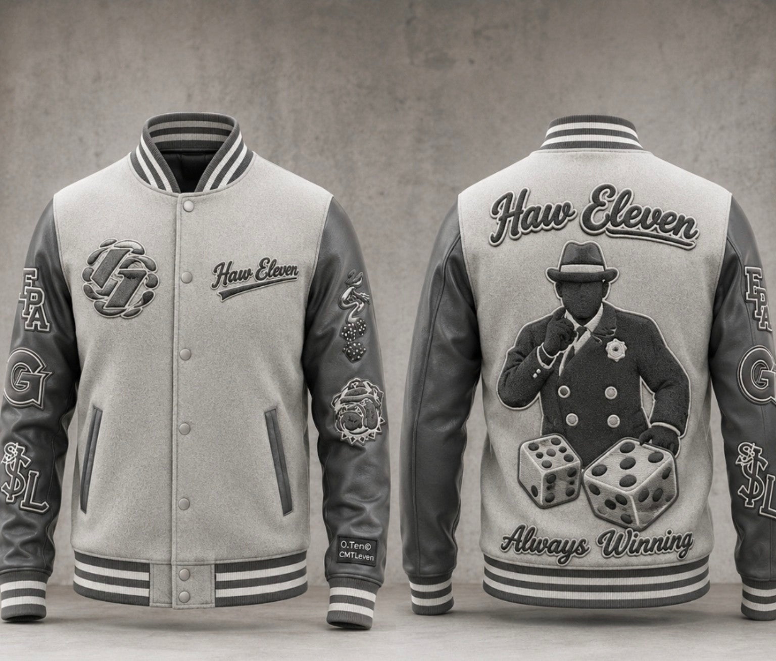Elite One-of-One Example — Haw Eleven black and grey custom dice letterman jacket