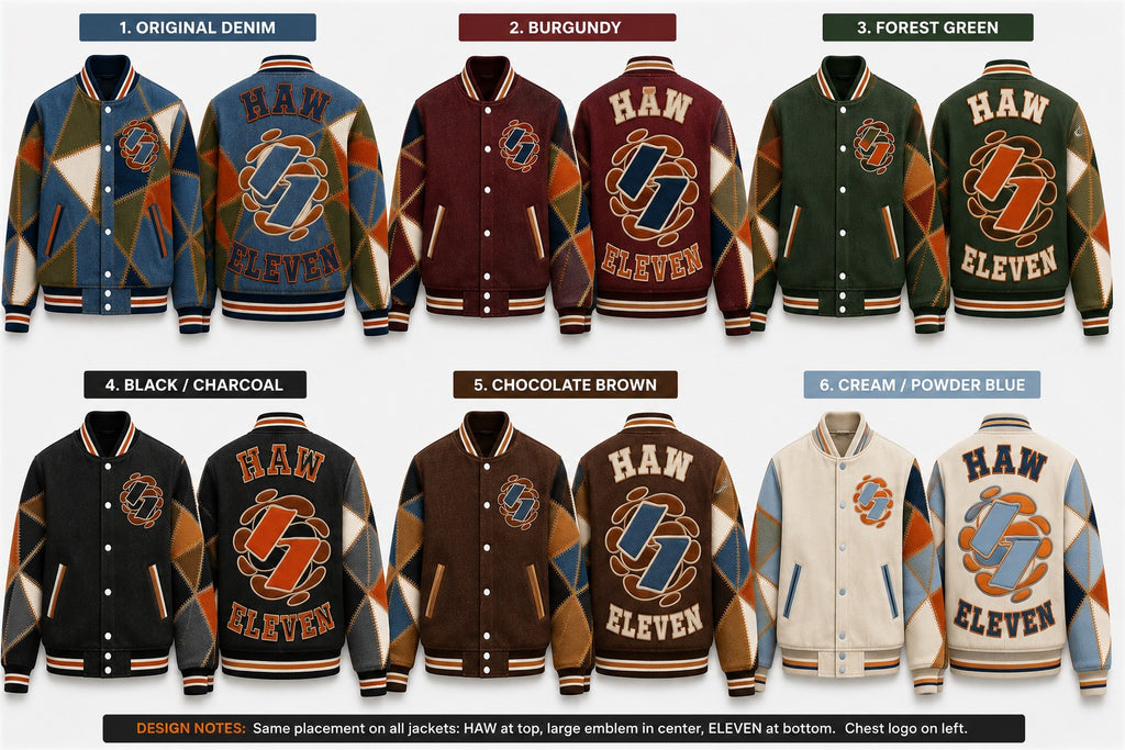 Essential Custom Example — Haw Eleven custom letterman jacket colorway options