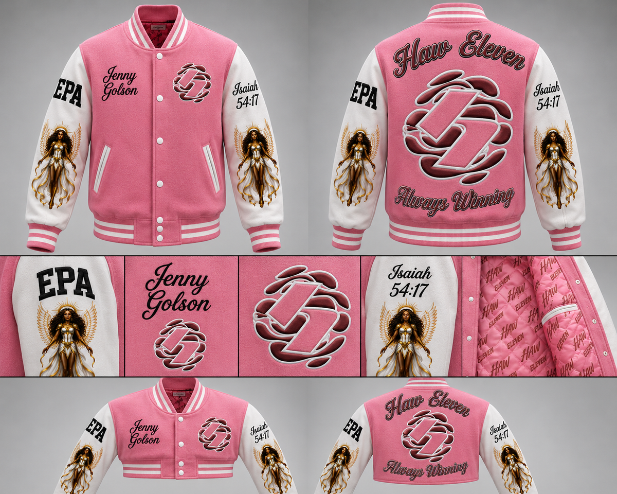 Fully Loaded Crop Top Example — Haw Eleven pink and white angel custom crop-top letterman jacket