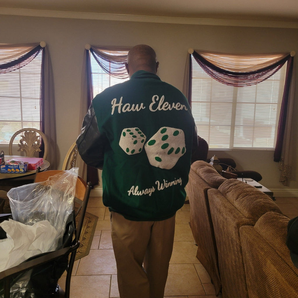 Signature Custom Example — finished Haw Eleven green custom letterman jacket worn by customer