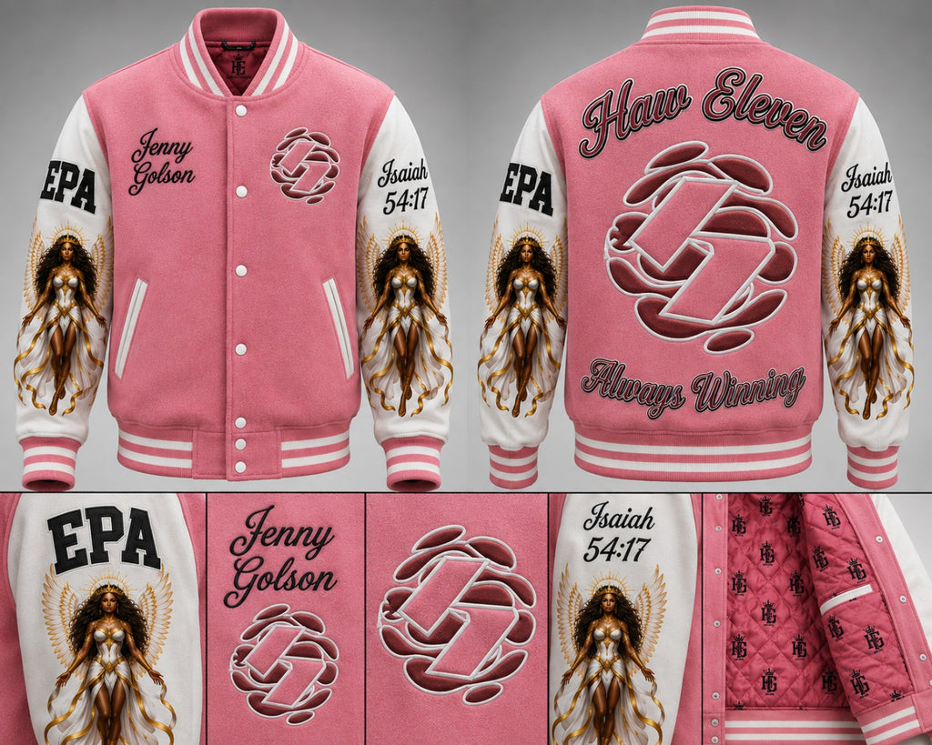 Elite One-of-One Example — Haw Eleven personalized pink and white angel custom letterman jacket