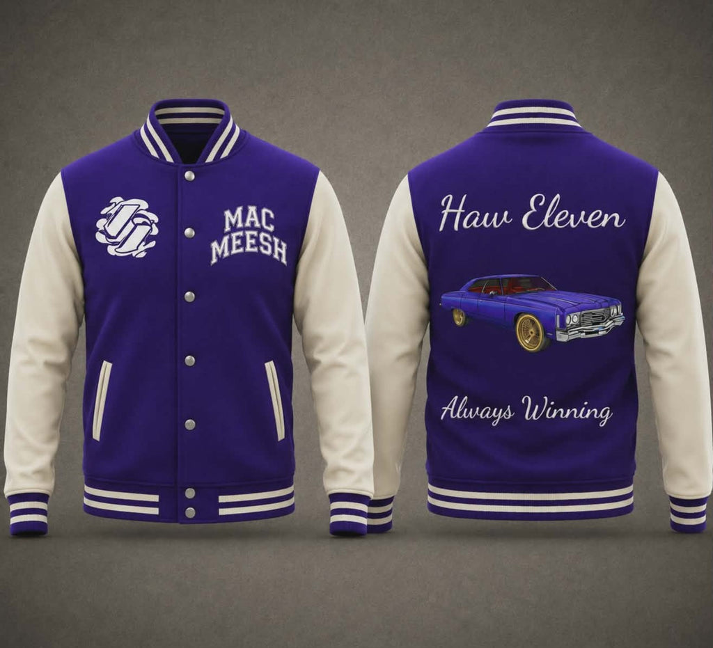 Elite One-of-One Example — Haw Eleven purple and cream personalized custom car letterman jacket