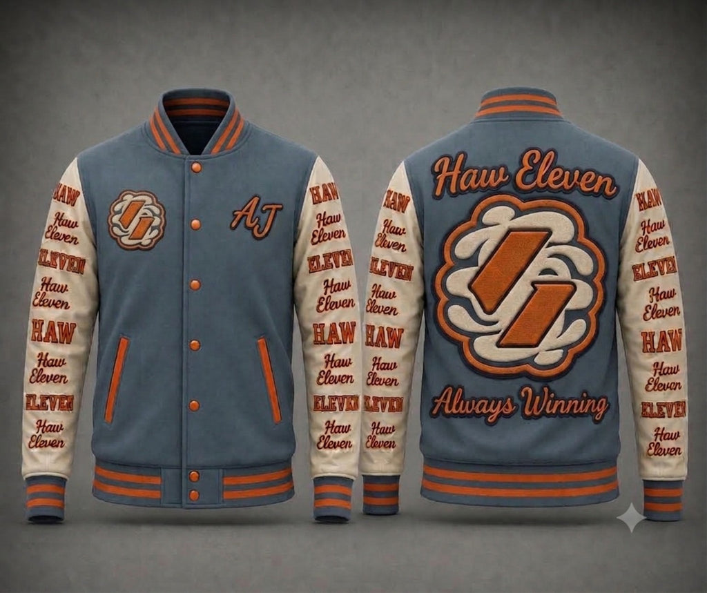 Signature Custom Example — Haw Eleven slate blue, cream and orange custom letterman jacket