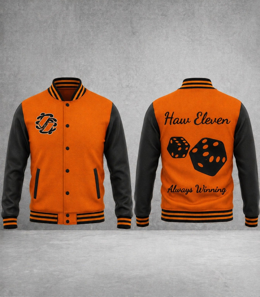 Colorway inspiration — Haw Eleven orange and black custom dice letterman jacket