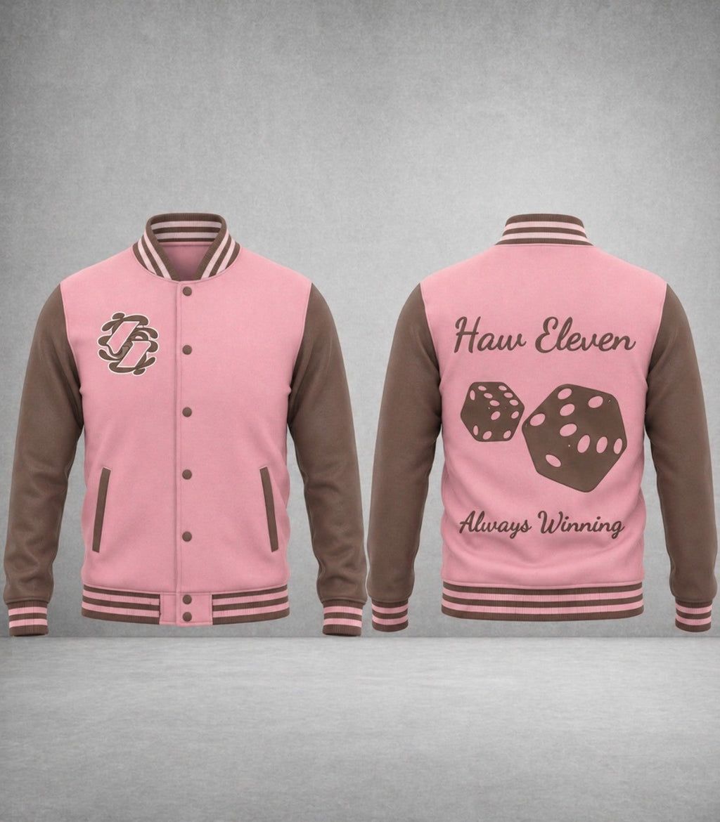 Colorway inspiration — Haw Eleven pink and brown custom dice letterman jacket