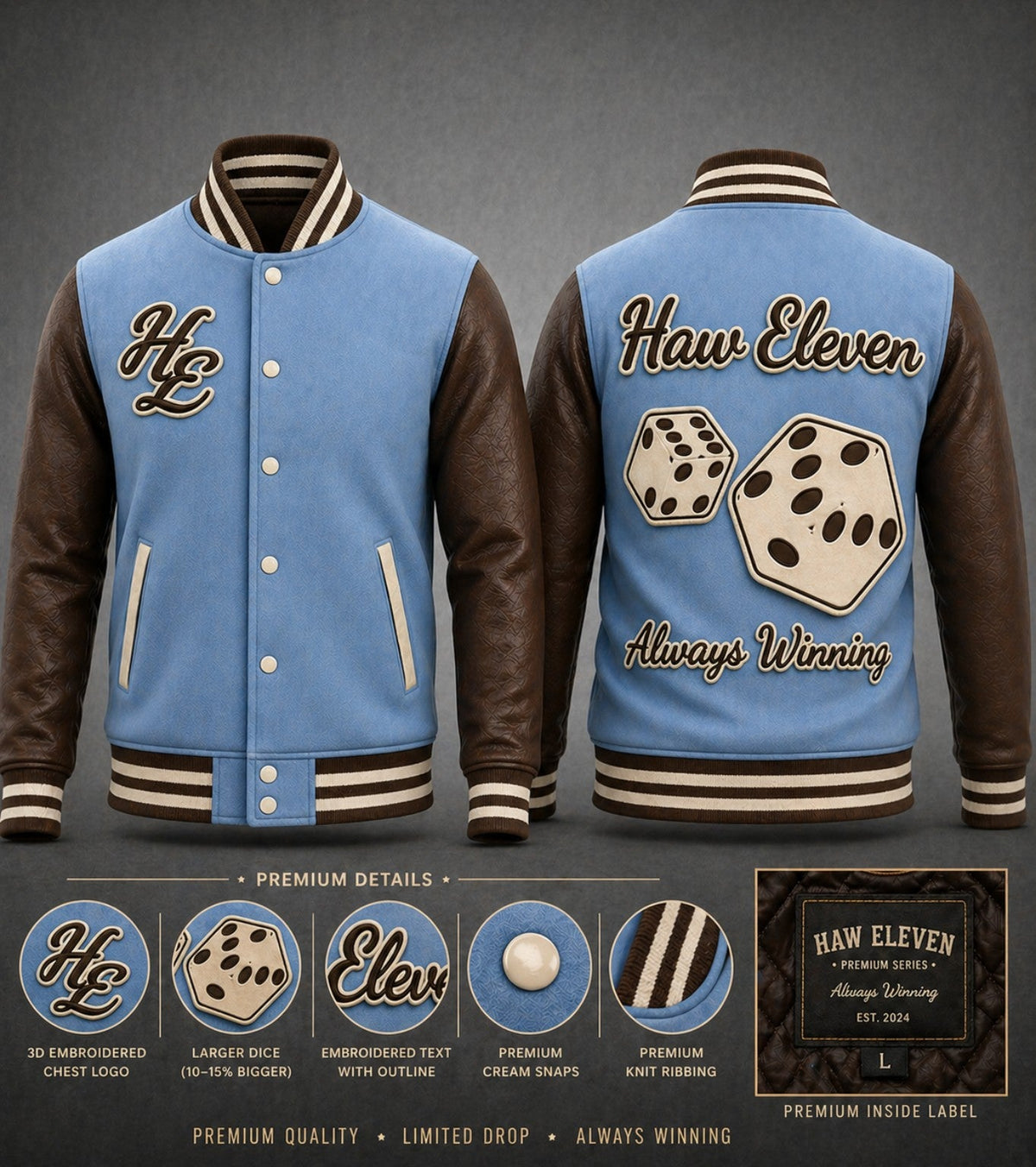 Premium detail example — Haw Eleven blue and brown custom letterman jacket with embroidery and construction details