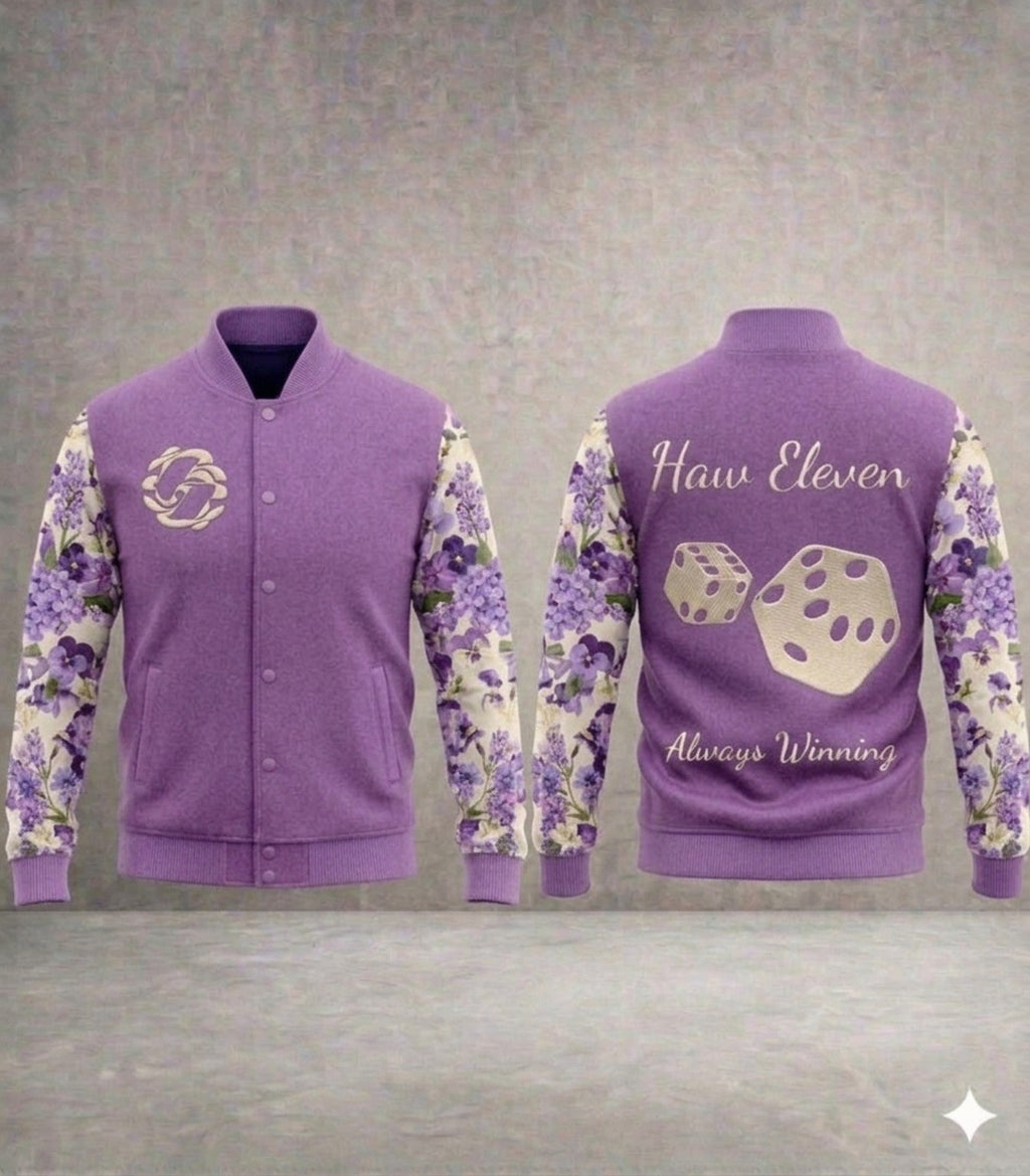 Design inspiration — Haw Eleven purple custom letterman jacket with floral sleeves