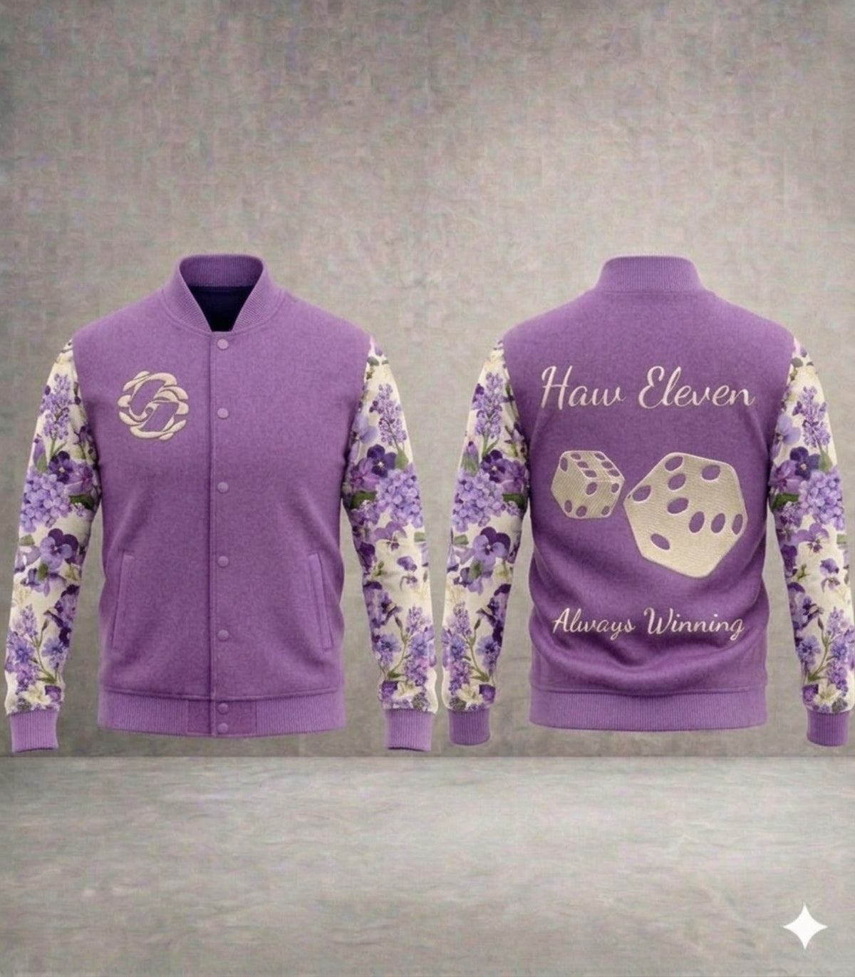 Design inspiration — Haw Eleven purple custom letterman jacket with floral sleeves